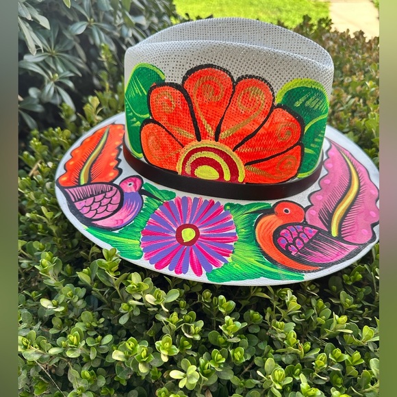 Mexican Artisanal Hand Painted Fedora Hat colorful SIZE M Image Birds and flora - Picture 3 of 4